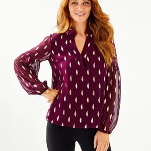 Silk Lilly Top - NWOT,  Burgundy/Gold, V-Neck, XL